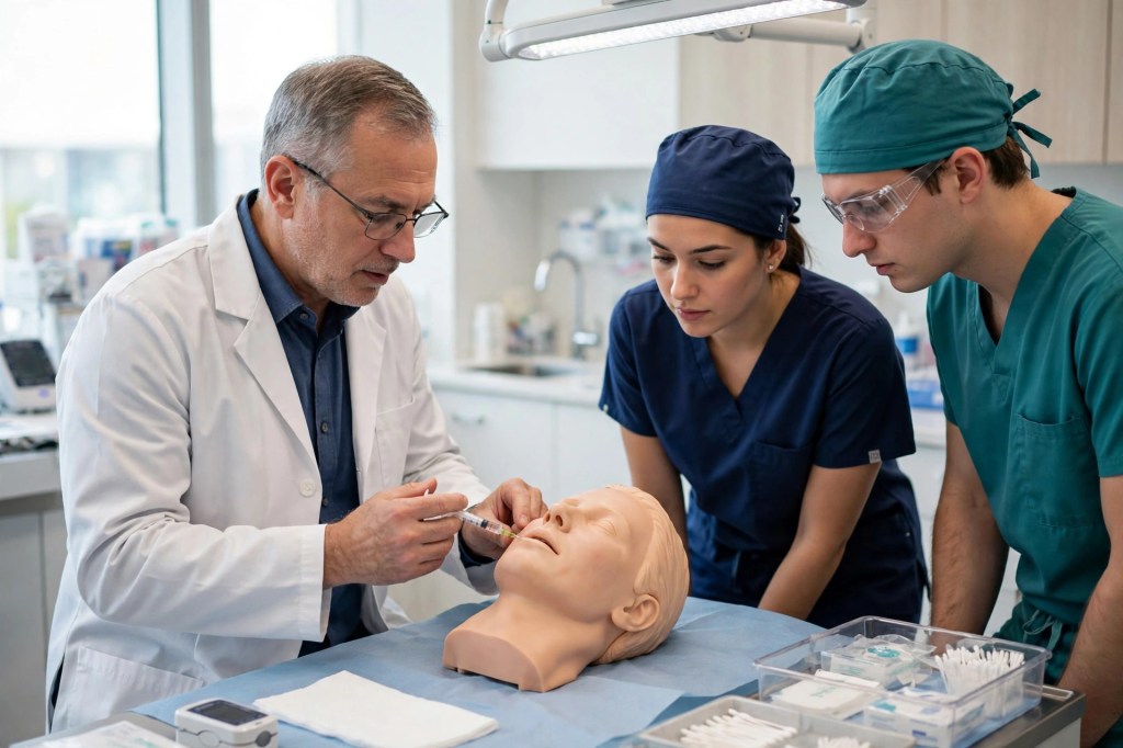 Aesthetic medicine instructor demonstrating an injection technique to trainees on a training model in a clinical training room