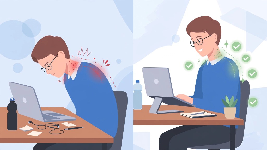 Illustration comparing poor posture and good posture at a desk